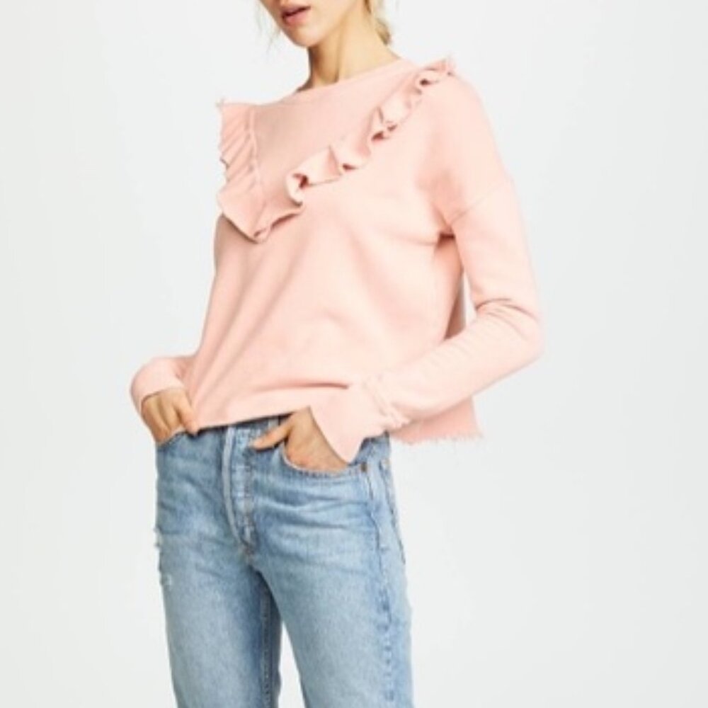 Free People Oh La Ruffle Pink V-Neck Raw Hem Sweater Cotton Pullover Medium